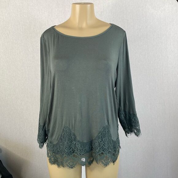 WHBM Women’s Olive 3/4 sleeve lace tee. New With Tags. Sz Large. - Picture 1 of 12